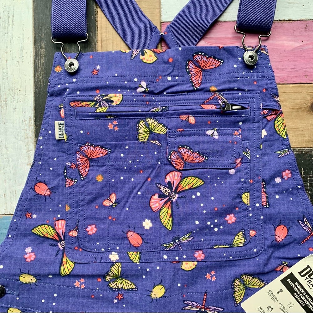 NWT Duluth Small Heirloom Gardening Convertible Bib Overalls Indigo Backyard Bug - Picture 6 of 11